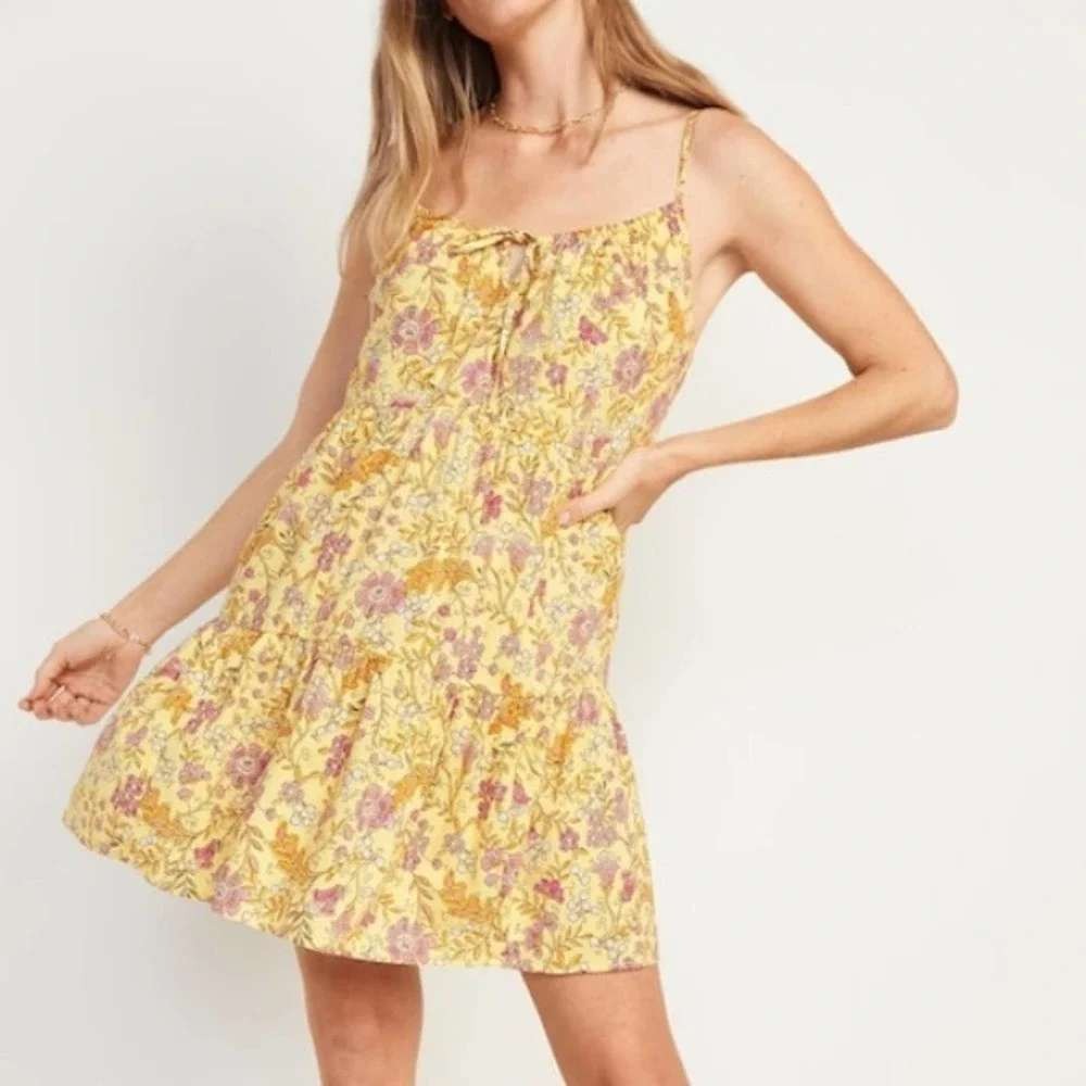 Old Navy Yellow Floral Tiered Swing Cami Dress Sleeveless Xl Petite Boho Hippie